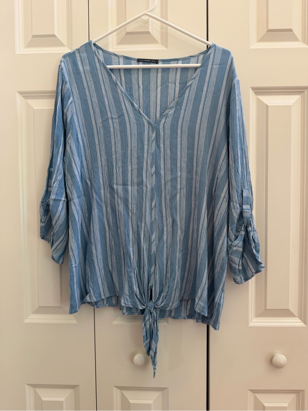 West Kei Blue & White Striped V-Neck Tie-Front Blouse - Size 2X